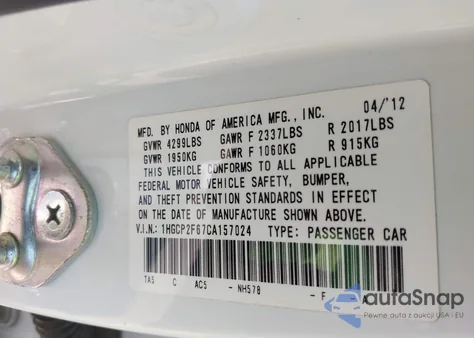 2012 Honda Accord 2.4 Se из США, поврежденный, VIN 1HGCP2F67CA157024